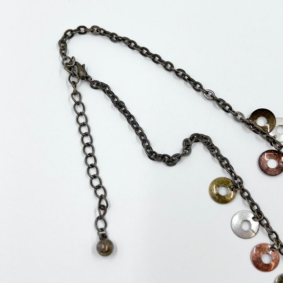 BOHO Vibes Tri-Colored Disk Dangle Brass Tone 14” Chain Choker Necklace - Picture 6 of 8